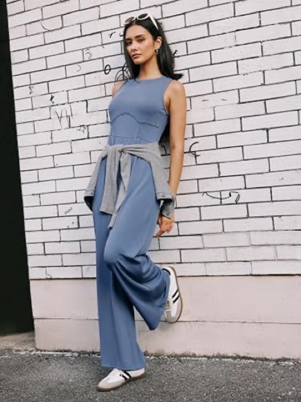 Cider Sleeveless Dusty Blue Wide-Leg Jumpsuit - Picture 3 of 9